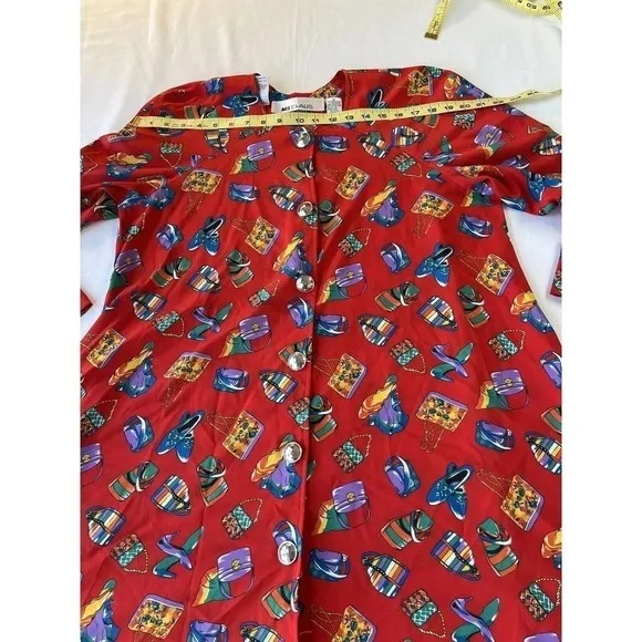 Vintage MS Chaus Swing Coat Dress Red Novelty Print Purses Shoes Button SZ 12