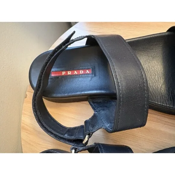 Vintage Prada Women’s Sandals Black Leather Straps Adjustable Slingback Size 39