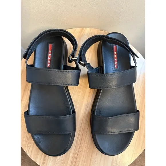 Vintage Prada Women’s Sandals Black Leather Straps Adjustable Slingback Size 39