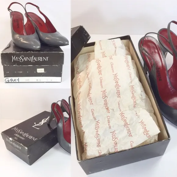 Vintage Saint Laurent YSL 1980’s Grey Leather Slingback Shoes