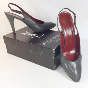 Vintage Saint Laurent YSL 1980’s Grey Leather Slingback Shoes