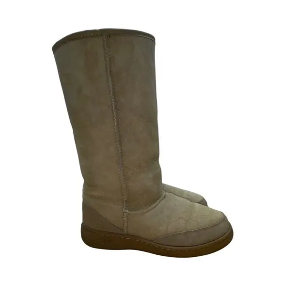 Vintage Ugg Unisex Sand Sheepskin Beige Fur Lining Tall Winter Boots  Size 9W 8M