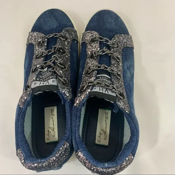 Vintage Havana Yves Washed Denim neakers Slip On Sparkle Sneakers Chain Size 8