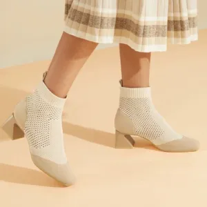 Vivaia Melissa Square-Toe Perforated Heeled Sock Boots Cream Ivory