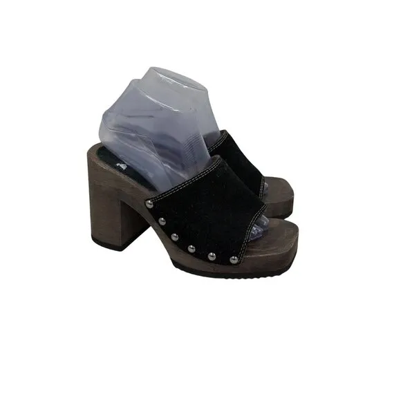 VTG Candies Wood Platform Y2K Black Suede Stud Clog Slide Sandals Shoes Womens 9