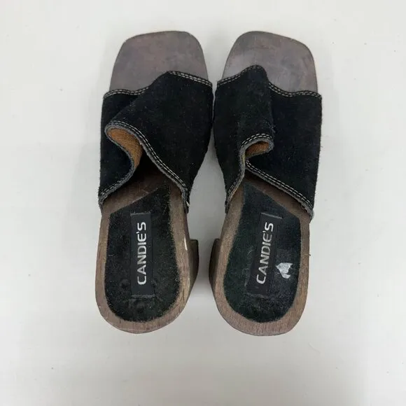 VTG Candies Wood Platform Y2K Black Suede Stud Clog Slide Sandals Shoes Womens 9