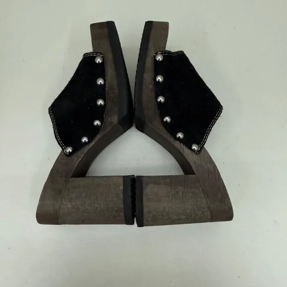 VTG Candies Wood Platform Y2K Black Suede Stud Clog Slide Sandals Shoes Womens 9