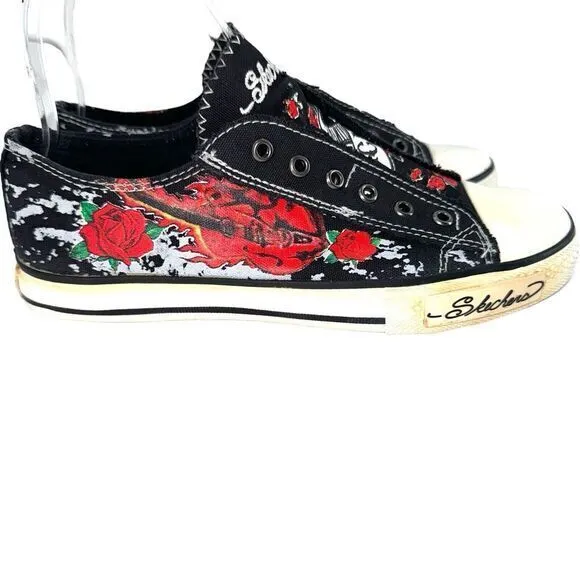 Vtg Rare Original Skechers Cali Lucky Skull Roses Slip On Sneakers 37355 Women 7