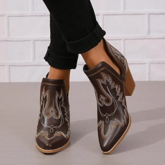 Western Embroidered Stitched Pointed Toe Cut-out Chunky Heels Short  for Women's