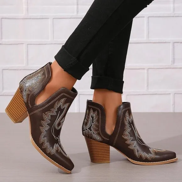 Western Embroidered Stitched Pointed Toe Cut-out Chunky Heels Short  for Women's