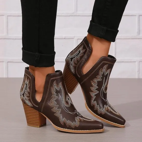 Western Embroidered Stitched Pointed Toe Cut-out Chunky Heels Short  for Women's