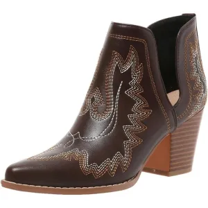 Western Embroidered Stitched Pointed Toe Cut-out Chunky Heels Short  for Women's
