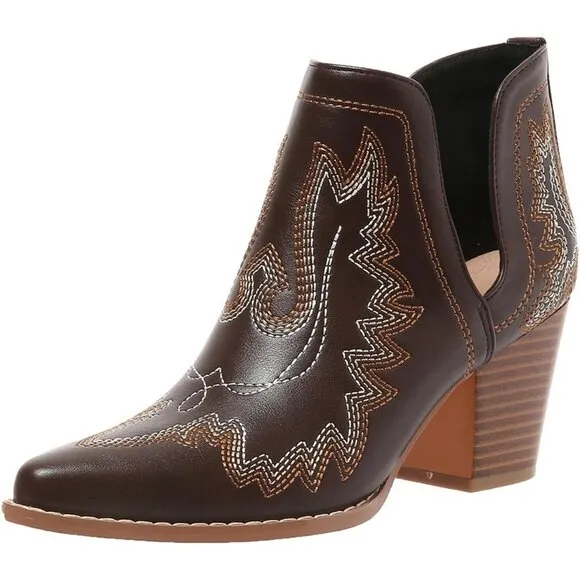 Western Embroidered Stitched Pointed Toe Cut-out Chunky Heels Short  for Women's