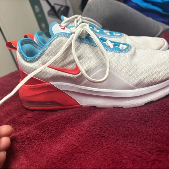 White and Red Sneakers with Blue Accents