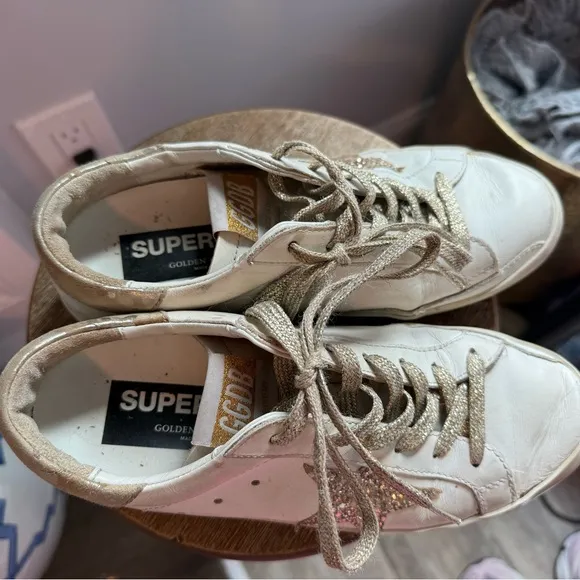White Golden Goose Sneakers with Gold Glitter Star