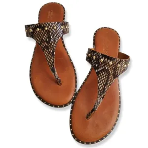 Women Sophia Milano Molazzana Leather Slide Thong Sandal 9 Brown Snake Studs NEW
