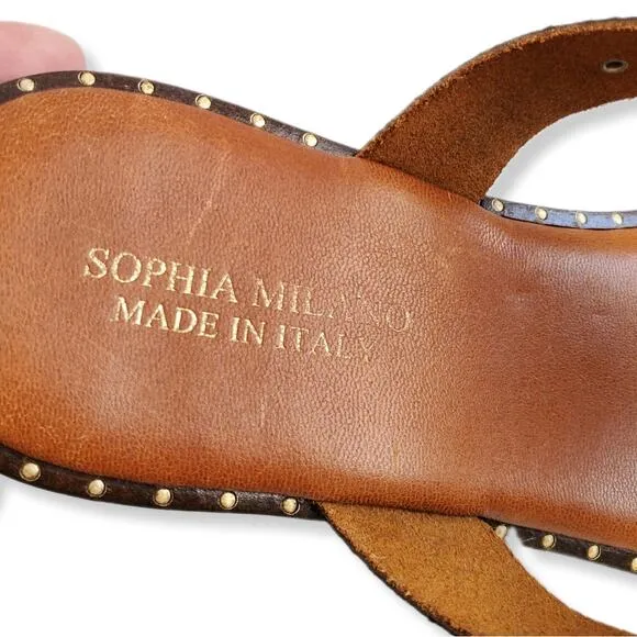 Women Sophia Milano Molazzana Leather Slide Thong Sandal 9 Brown Snake Studs NEW