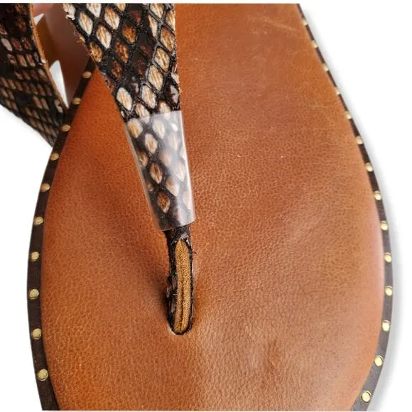 Women Sophia Milano Molazzana Leather Slide Thong Sandal 9 Brown Snake Studs NEW