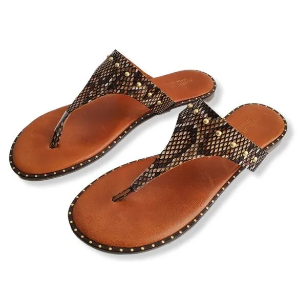 Women Sophia Milano Molazzana Leather Slide Thong Sandal 9 Brown Snake Studs NEW