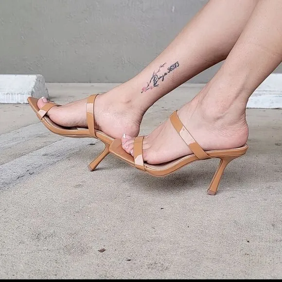 Women Tan Double Strap Mule Heels Sandals