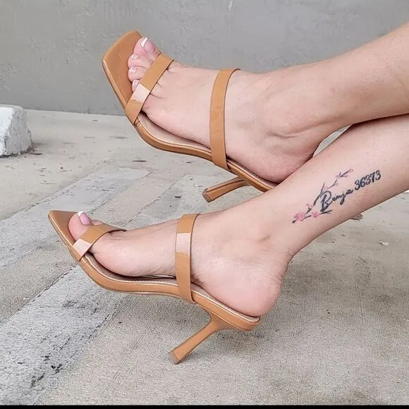 Women Tan Double Strap Mule Heels Sandals