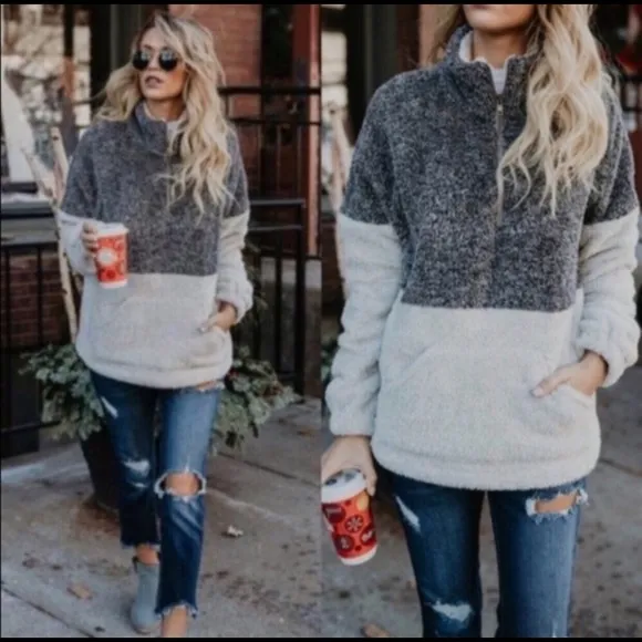 Women two tone Sherpa Colorblock sweater pullover half zip tops