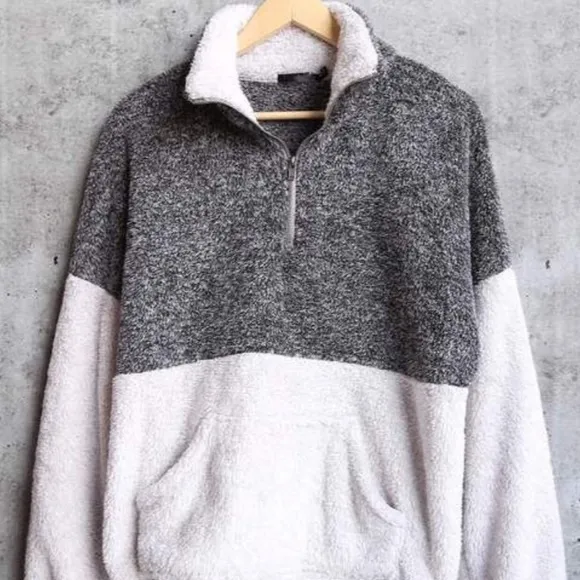 Women two tone Sherpa Colorblock sweater pullover half zip tops