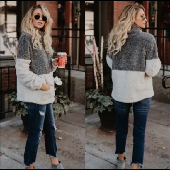 Women two tone Sherpa Colorblock sweater pullover half zip tops