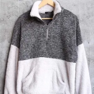 Women two tone Sherpa Colorblock sweater pullover half zip tops