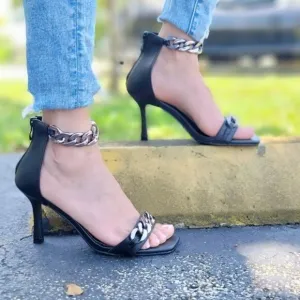 Womens Black Ankle Strap Heels‎ Chains Stiletto Sandals