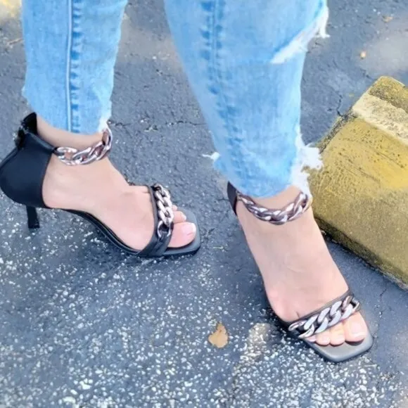 Womens Black Ankle Strap Heels‎ Chains Stiletto Sandals