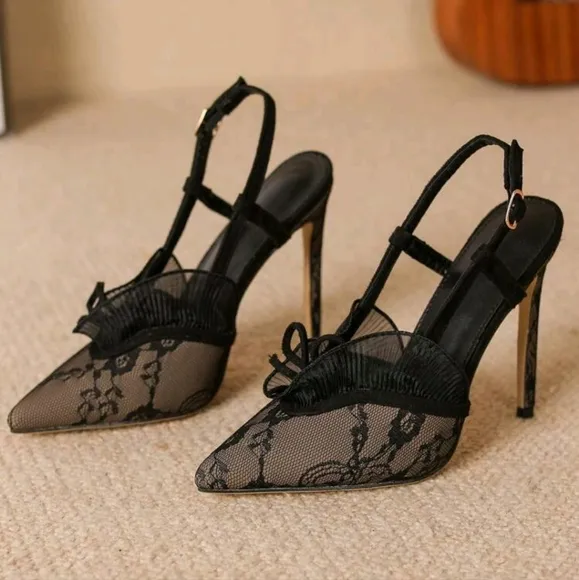Women's Black High Heel Sandals With Lace Trim