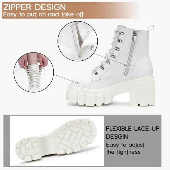 ⭐Women’s Combat Boots Lightweight Lace up Side Zipper Ankle Botas .