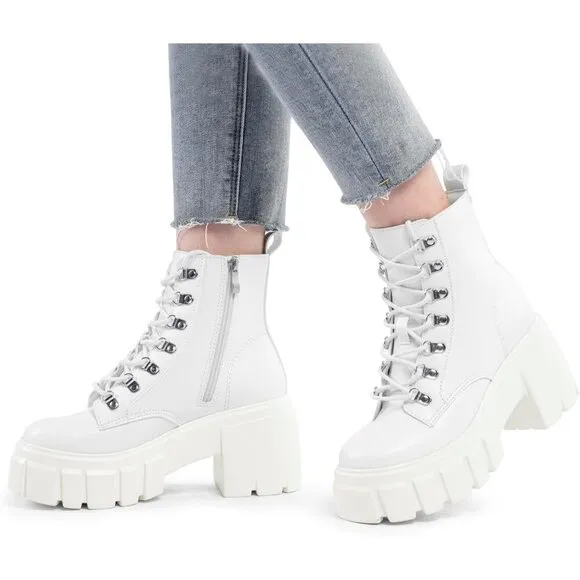 ⭐Women’s Combat Boots Lightweight Lace up Side Zipper Ankle Botas .