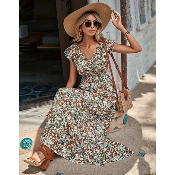 Women’s Floral Ruffle Trim V Neck Smocked Waist Boho Maxi Dress M L XL Nwt