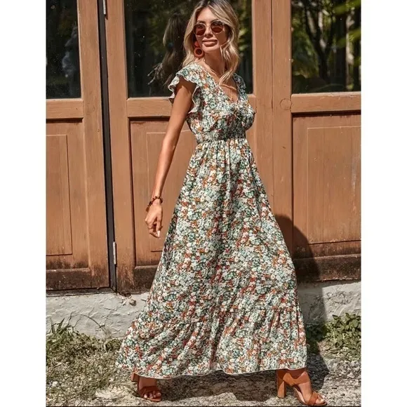 Women’s Floral Ruffle Trim V Neck Smocked Waist Boho Maxi Dress M L XL Nwt