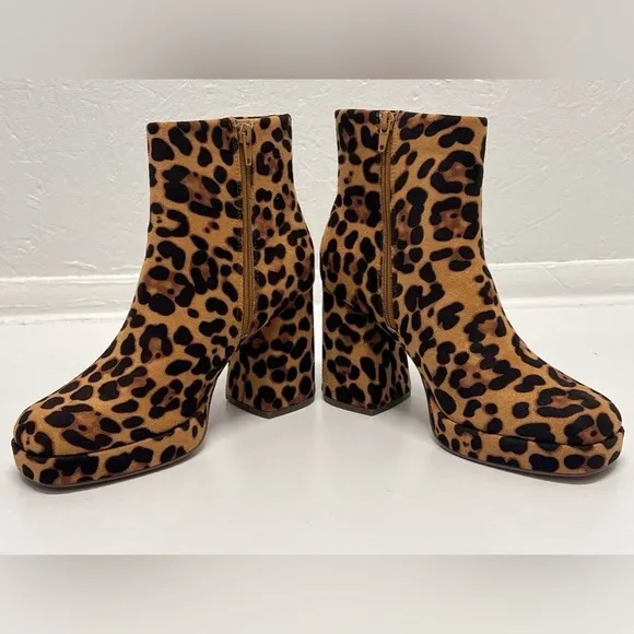 Women's Leopard Print Side Zipper Suede Square Toe Ankle Boots - 8