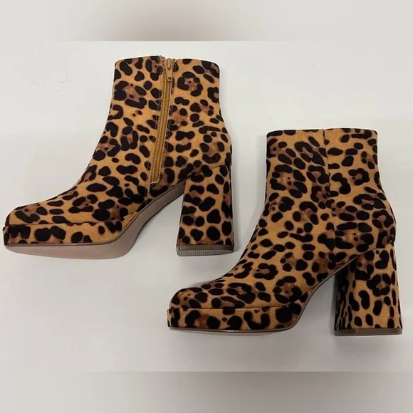 Women's Leopard Print Side Zipper Suede Square Toe Ankle Boots - 8
