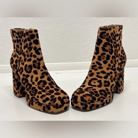 Women's Leopard Print Side Zipper Suede Square Toe Ankle Boots - 8