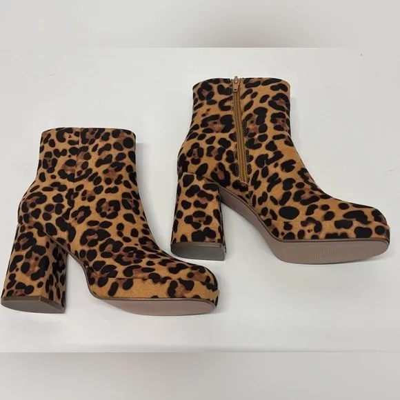 Women's Leopard Print Side Zipper Suede Square Toe Ankle Boots - 8