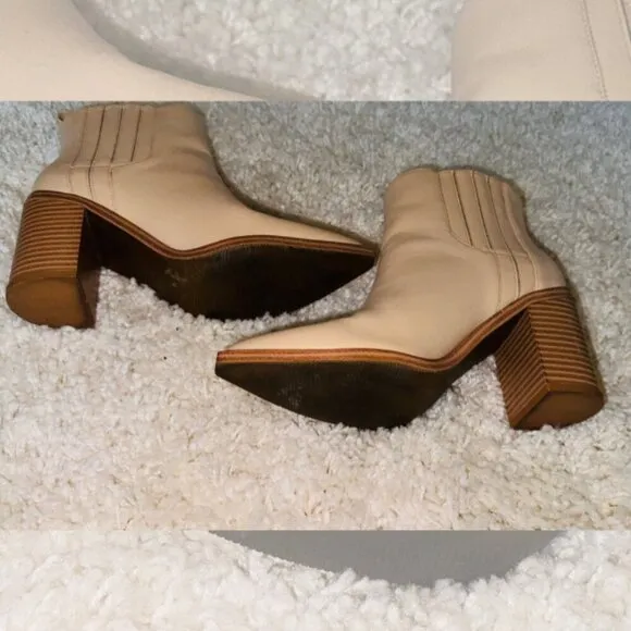 Womens Size 8 Leather Ankle Slip On Chunky Heel Pointed Toe Chelsea Boots Cream