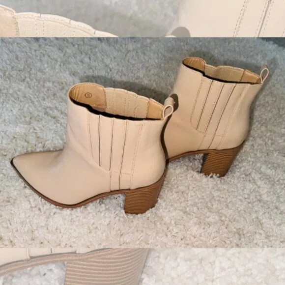 Womens Size 8 Leather Ankle Slip On Chunky Heel Pointed Toe Chelsea Boots Cream