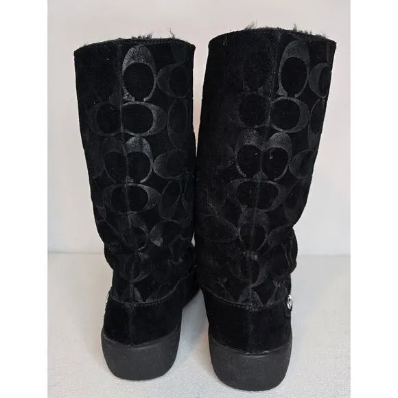 Women's “Teri” Suede Boots Signature Monogram Mid-Calf Lined Black Sz 7 B