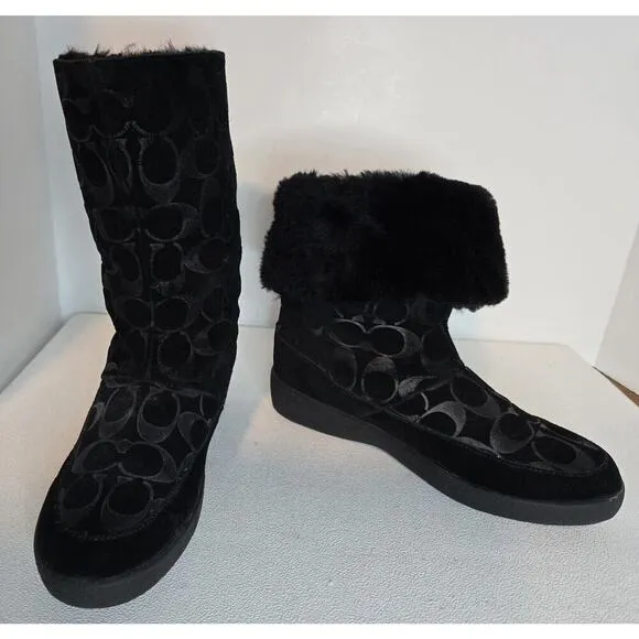 Women's “Teri” Suede Boots Signature Monogram Mid-Calf Lined Black Sz 7 B