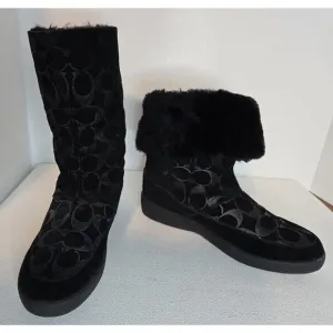 Women's “Teri” Suede Boots Signature Monogram Mid-Calf Lined Black Sz 7 B