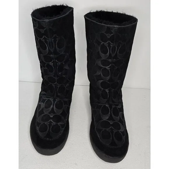 Women's “Teri” Suede Boots Signature Monogram Mid-Calf Lined Black Sz 7 B