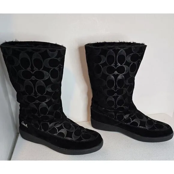 Women's “Teri” Suede Boots Signature Monogram Mid-Calf Lined Black Sz 7 B