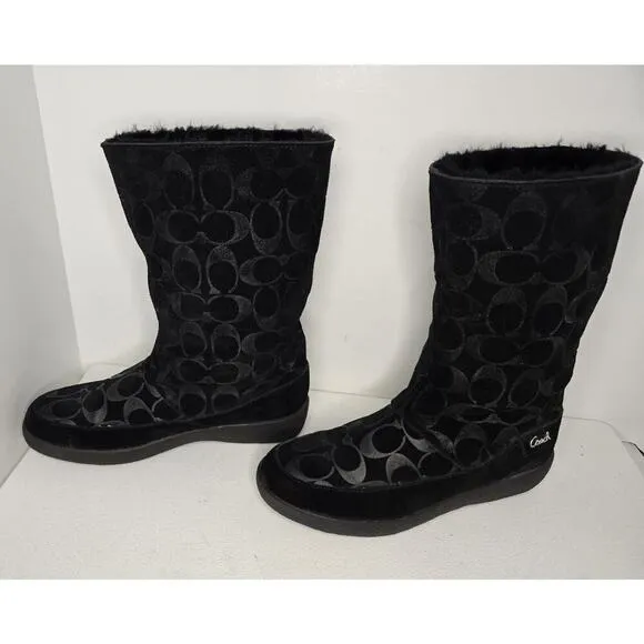 Women's “Teri” Suede Boots Signature Monogram Mid-Calf Lined Black Sz 7 B