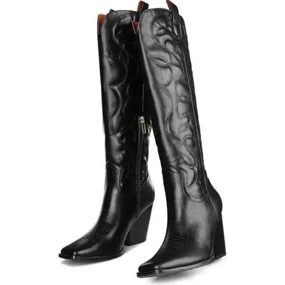 Women's Western Cowboy Boots Embroidered Knee High Cowgirl Boots Slip