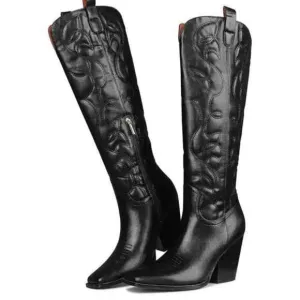 Women's Western Cowboy Boots Embroidered Knee High Cowgirl Boots Slip